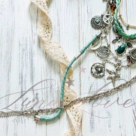 FREE PEOPLE Luca Silver Extreme Layered Necklace In Sage NWT - Picture 6 of 7